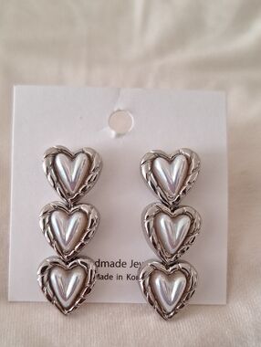 Triple Heart Drop Earrings — Silver Tone